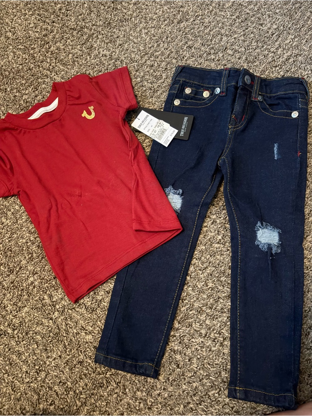 True Religion Kids Red Tee with Dark Blue Distressed Jeans